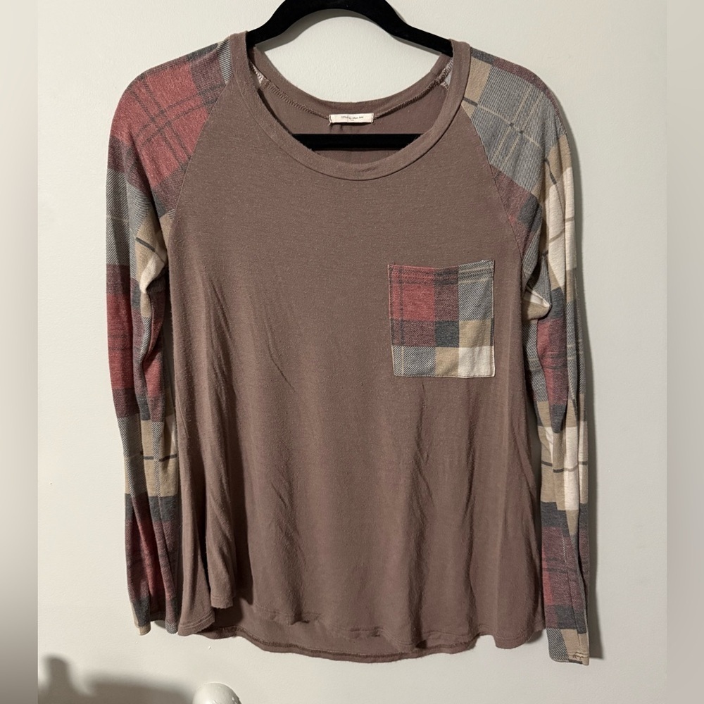 12PM by Mon Ami Long Sleeve Plaid Patterned Top